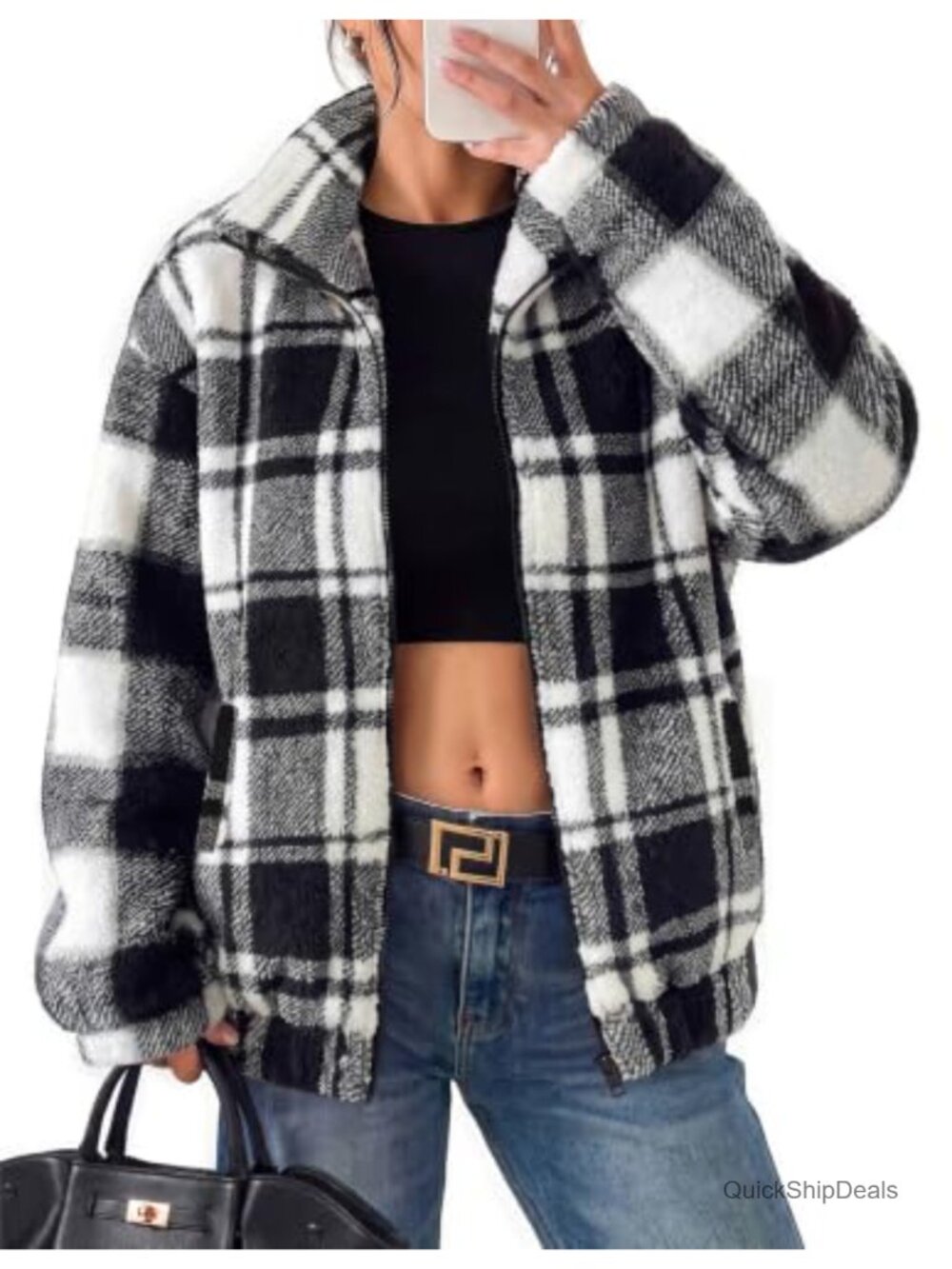Women's Oversized Full Zip Sherpa Fleece Jacket with Pockets